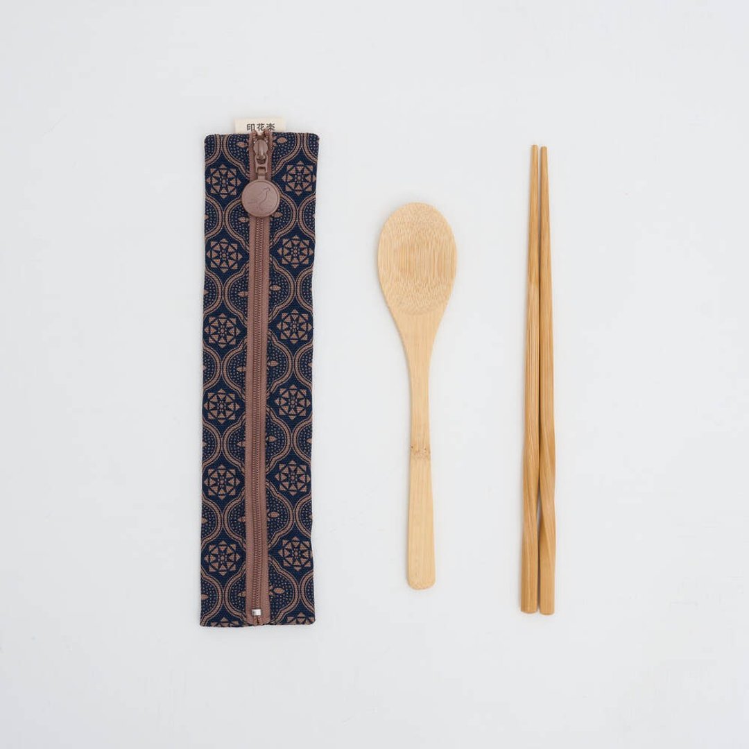 拉链餐具袋(含餐具)/玻璃海棠/午夜蓝褐 - 筷子/筷架 - 棉 咖啡色