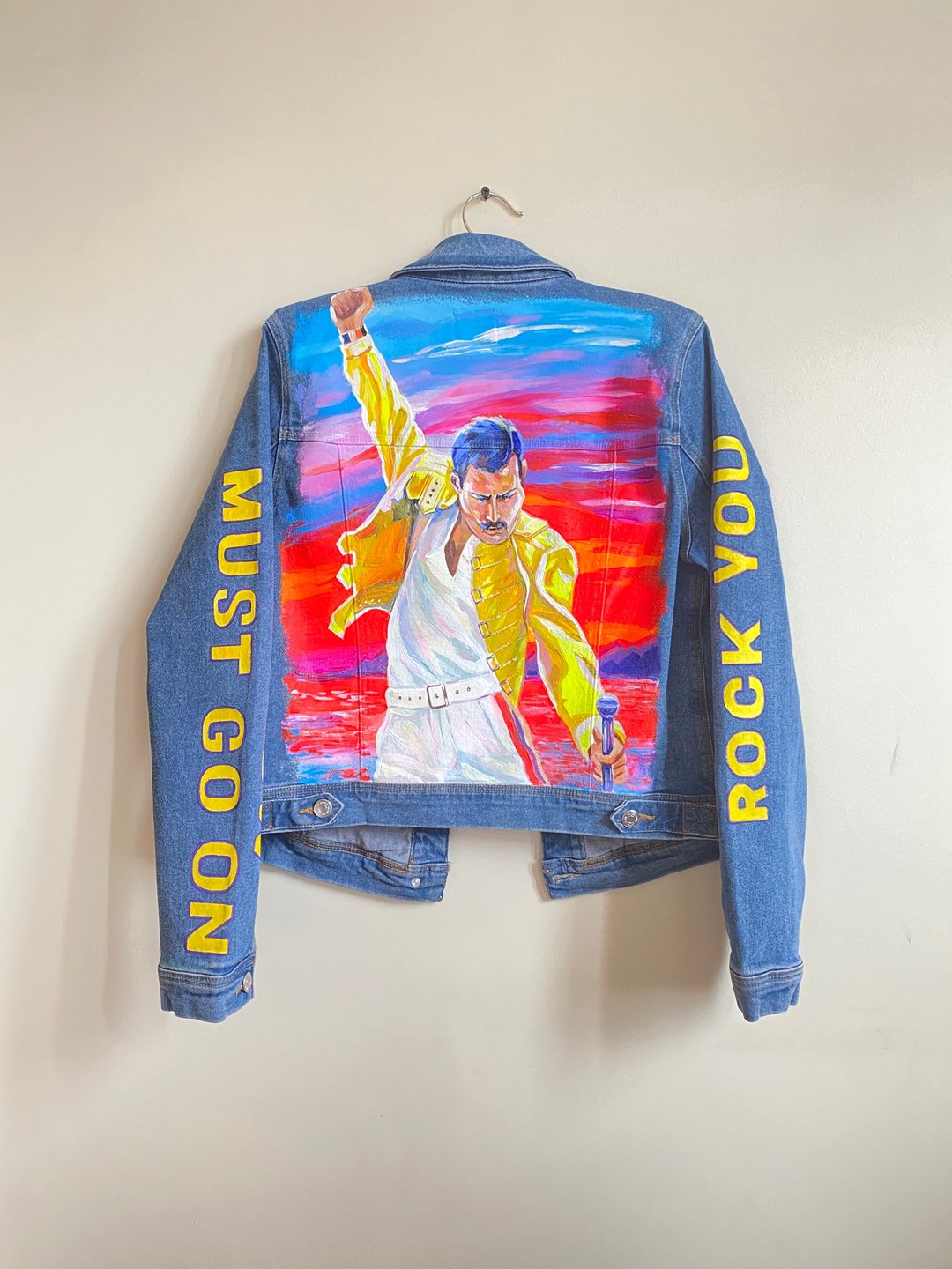 Painted Denim Jacket Handmade Custom jacket Freddie Mercury Rock Band Queen Gift - 女装休闲/机能外套 - 棉 多色