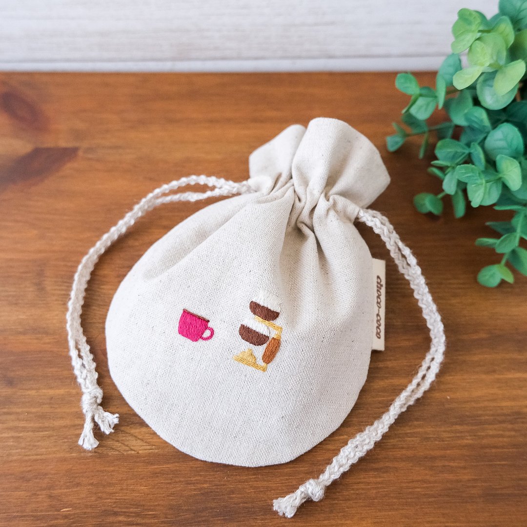 cafe drawstring pouch (siphon x coffee cup) - 化妆包/杂物包 - 棉 咖啡色