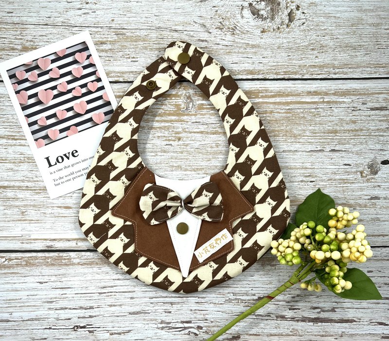 小绅士兜 六层纱围兜 焦糖猫咪千鸟纹 - 围嘴/口水巾 - 棉．麻 