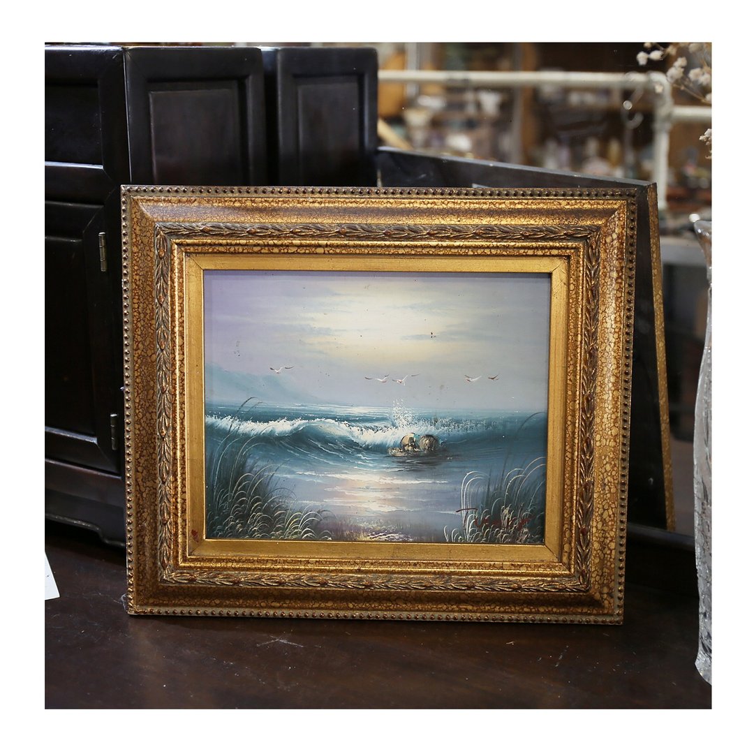 老件。海鸥海鸟海浪阳光油画.金色木头画框。老画框.作者签名。挂画 - 海报/装饰画/版画 - 其他材质 
