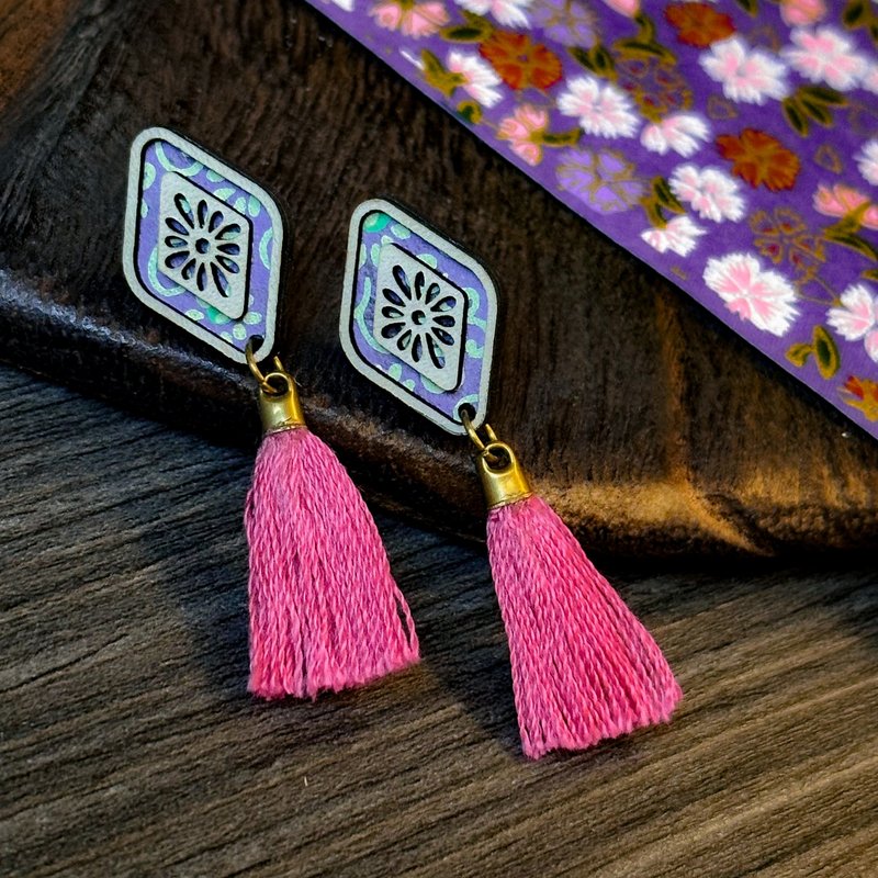 【日花格纸】菊菱-木格窗花和贴耳小耳环 - 耳环/耳夹 - 木头 