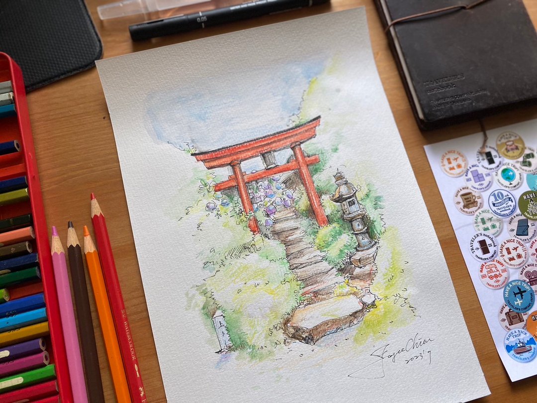 【一人成团】速写课 紫阳花与鸟居 - joyce绘手帐 - 插画/绘画/写字 - 纸 