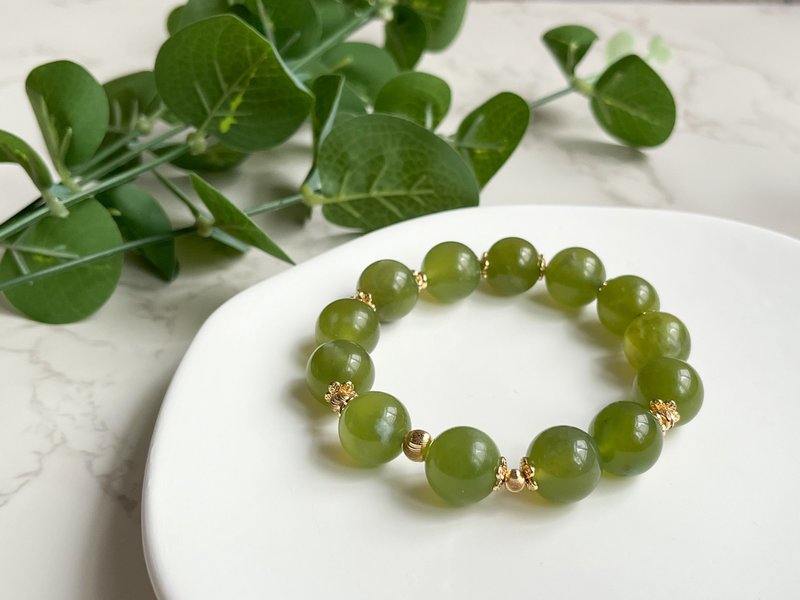 【一物一图】岫玉 青提奶盖 14K包金设计手链 - 手链/手环 - 玉石 绿色