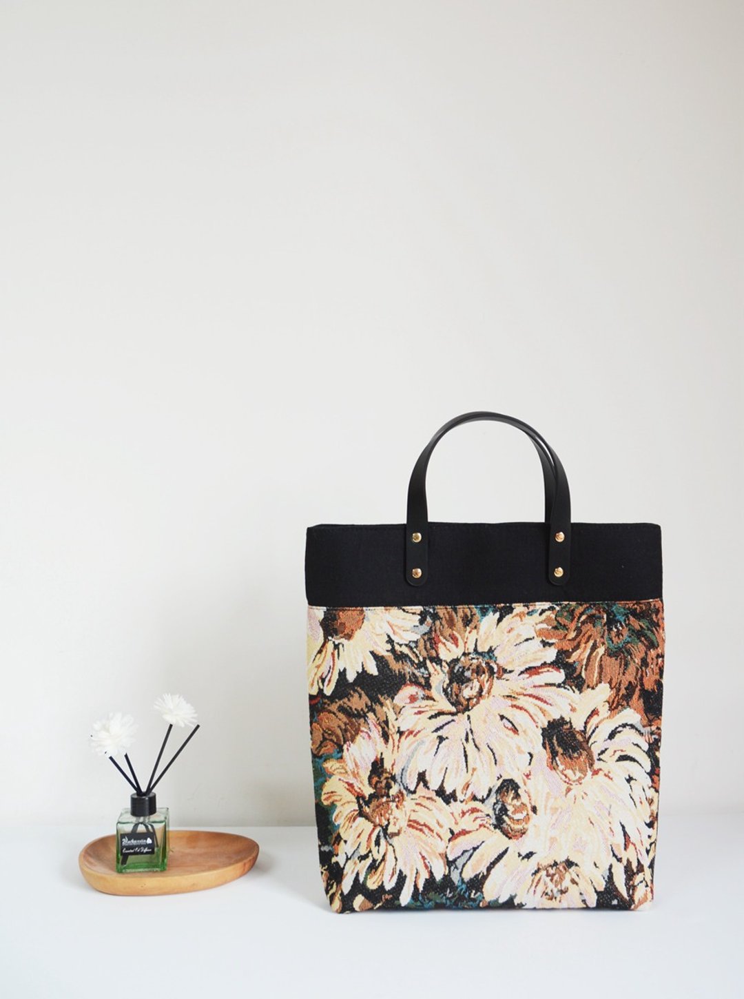油画雏菊 手工定制 支持客制化尺寸 通勤tote 托特手提包 - 手提包/手提袋 - 棉 黑色