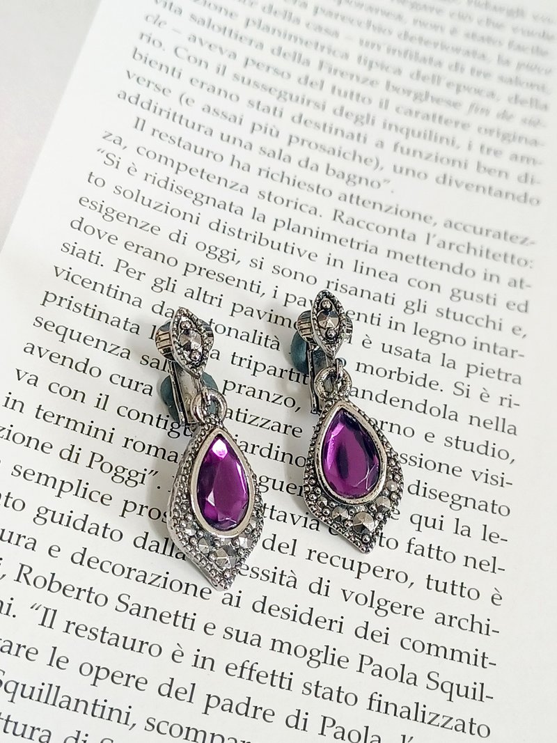 vintage jewelry  神秘亮丽紫晶吊饰 夹式耳环 - 耳环/耳夹 - 其他金属 