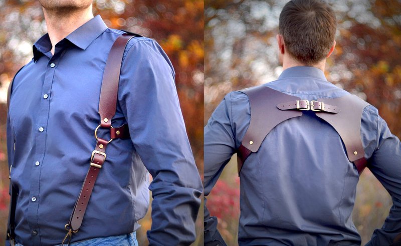 Leather handmade suspenders for mens. Handmade Suspenders. Braces. Wedding Groom - 皮带/腰带 - 真皮 黑色