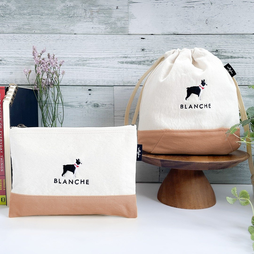 Personalized Boston Terrier Takeyari Canvas two tone drawstring &amp; pouch set - 其他 - 棉．麻 白色