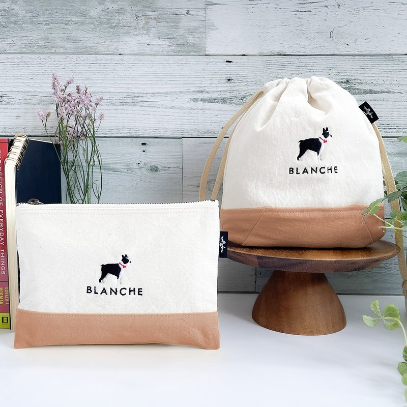 Personalized Boston Terrier Takeyari Canvas two tone drawstring & pouch set - 其他 - 棉．麻 白色