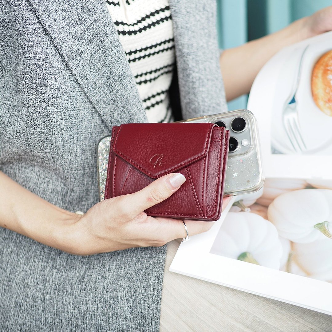 Daily (Burgundy) : Mini wallet, short wallet, cow leather, Dark red - 皮夹/钱包 - 真皮 红色
