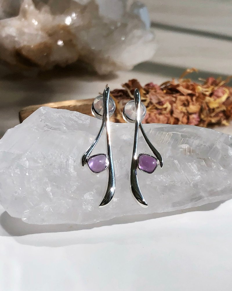【紫水晶】提升智慧与财富 耳环 |  925银 天然水晶 - 戒指 - 纯银 白色