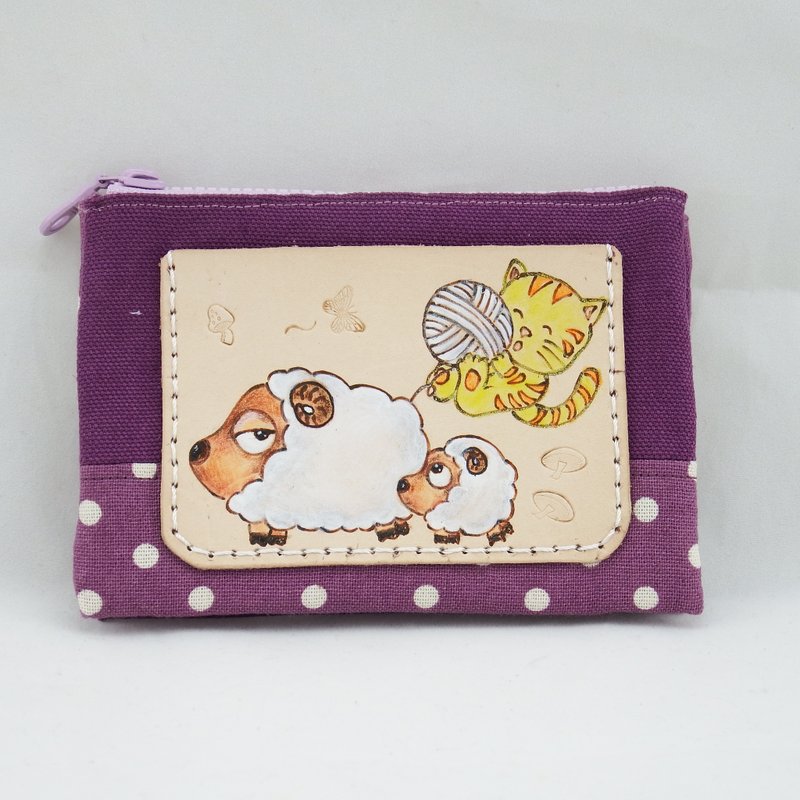 植鞣皮革酒袋布多层零钱包顽皮猫 - 零钱包 - 真皮 绿色