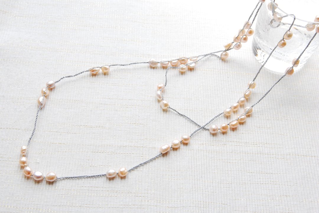 Light orange baroque pearl crochet necklace - 项链 - 宝石 橘色