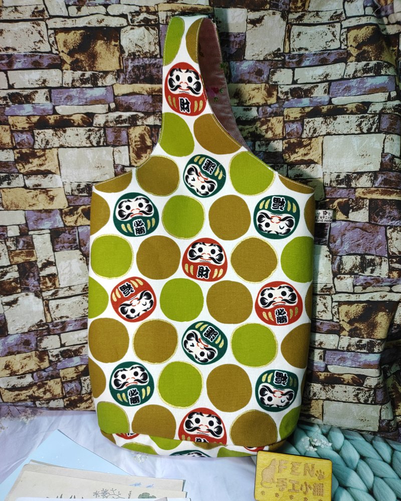 和风系列-厚棉白绿不倒翁福神达摩手提袋-双杯袋-保温瓶袋-水壶袋 - 手提包/手提袋 - 棉．麻 