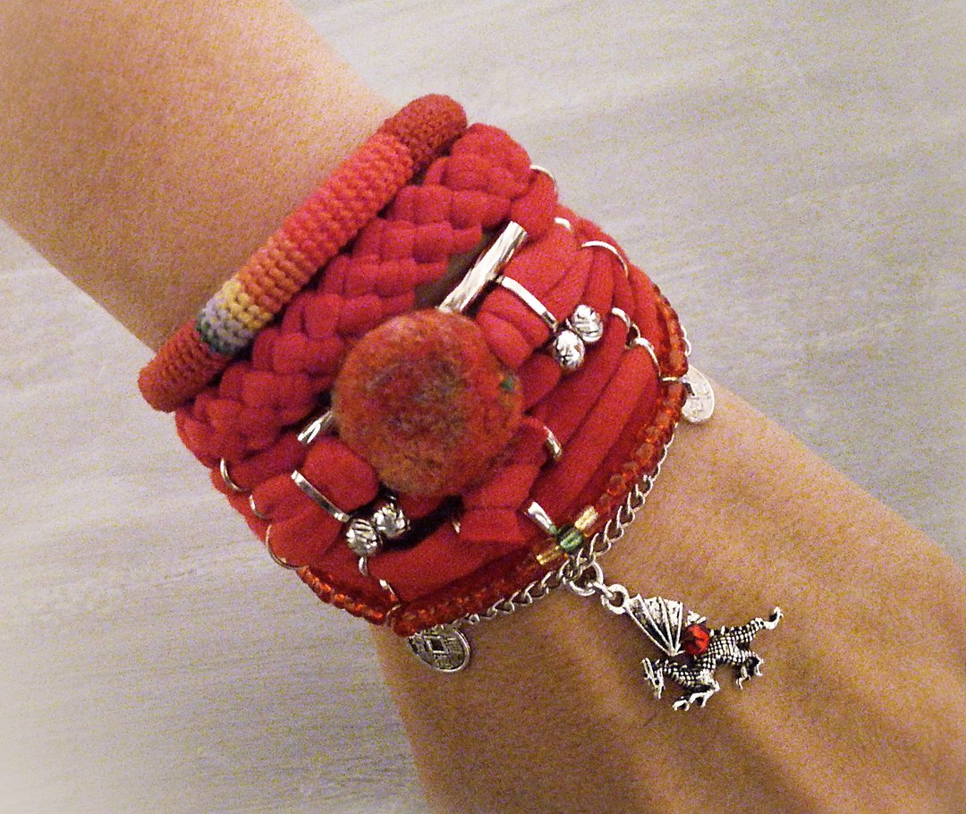 Unique Red Bohemian Bracelet Pack Dragon Charm Chinese Coins Jewelry - 手链/手环 - 棉 红色