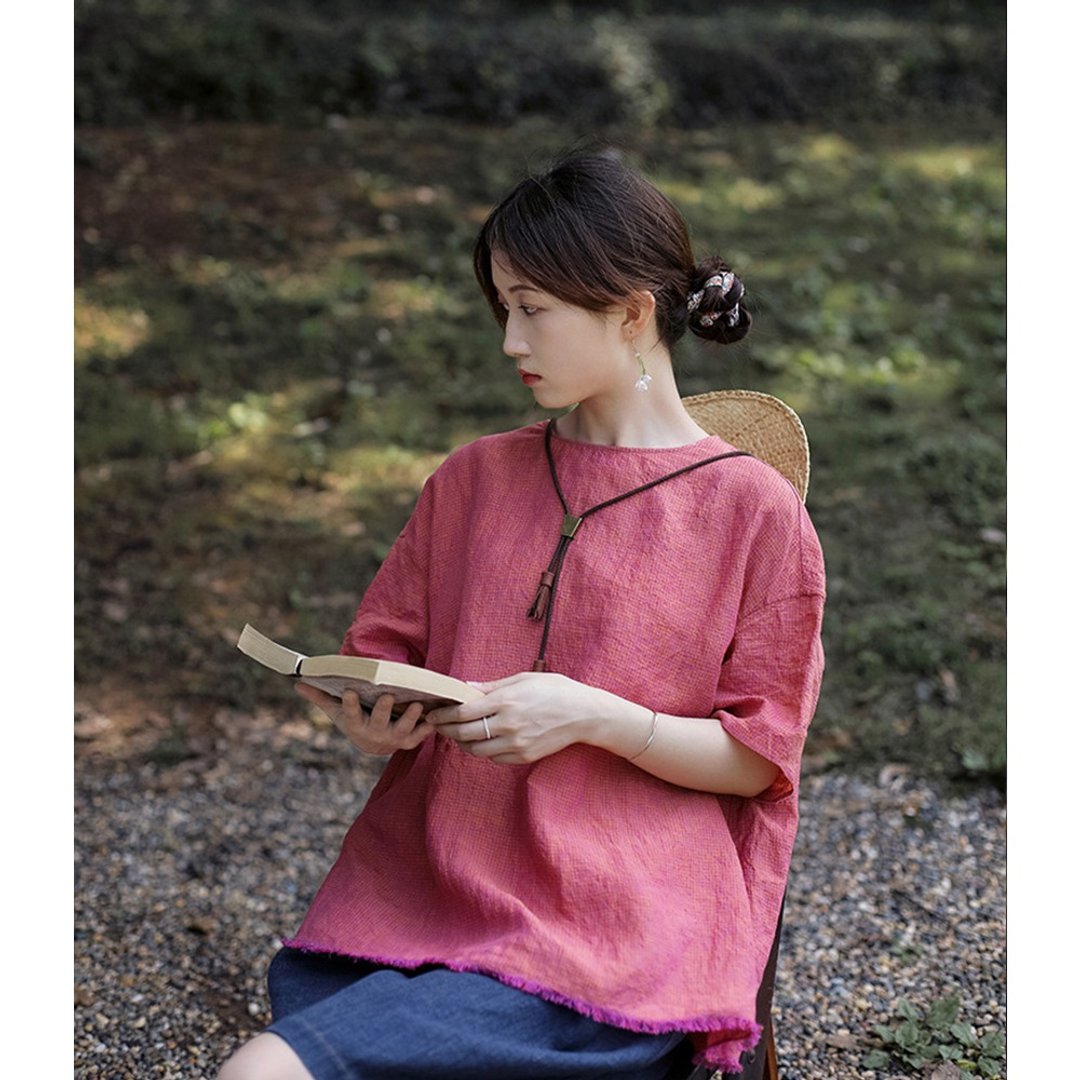 芭乐粉亚麻彩格子布圆领流苏宽松套头衬衫 - 女装衬衫 - 棉 