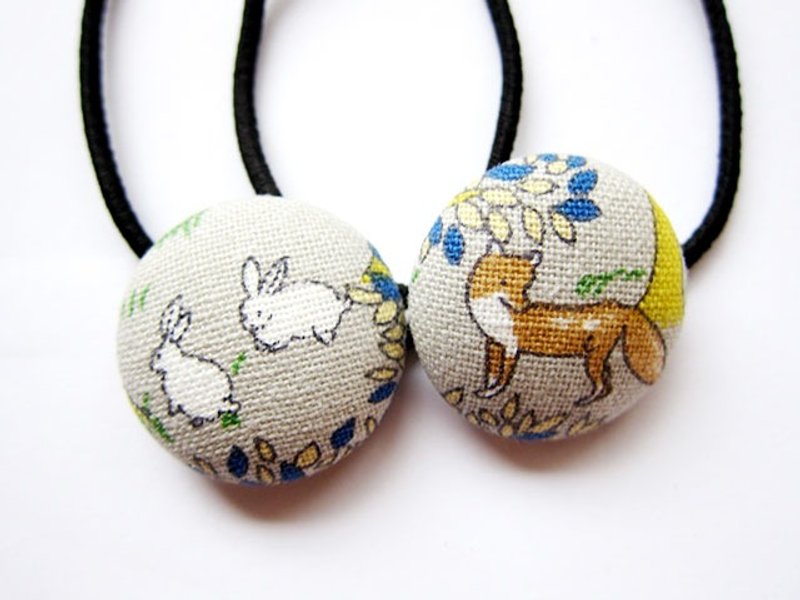 儿童发饰 手作布包钮扣发束发圈 狐狸与兔 松紧带发圈 一组两入 - 发饰 - 棉．麻 灰色