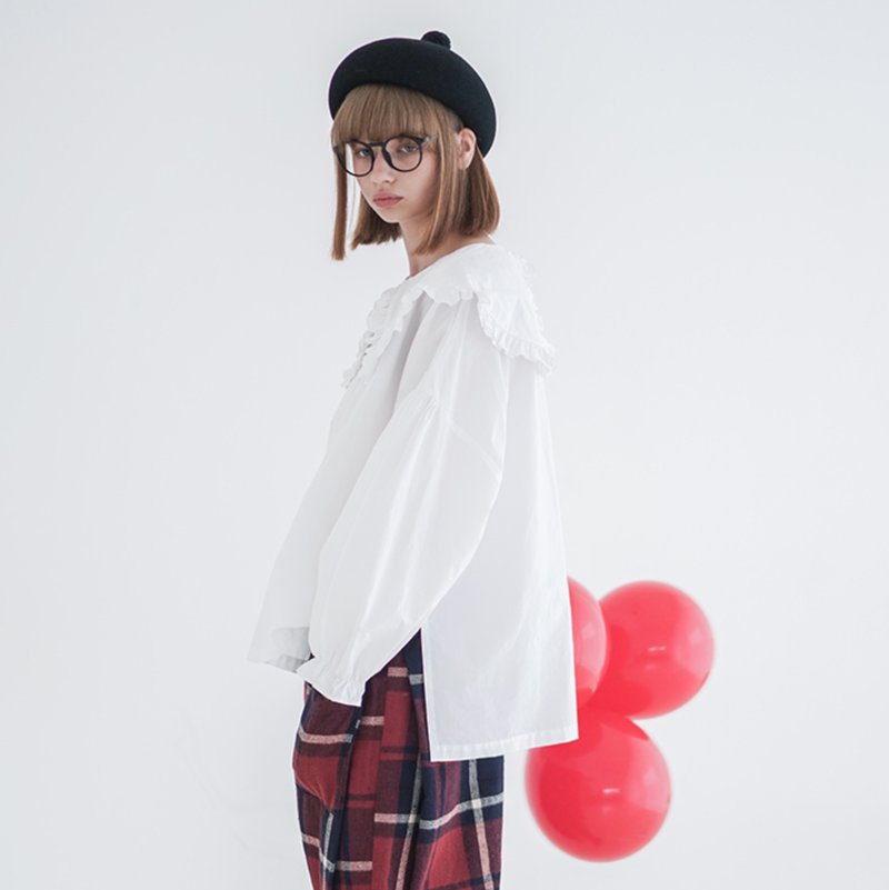 黑白娃娃领棉上衣 - imakokoni - 女装衬衫 - 棉．麻 黑色