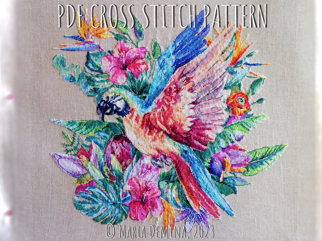 Tropical Parrot PDF cross stitch pattern / pillow cover 鸟鹦鹉 十字繡 - 手工艺教程/工具书 - 其他材质 