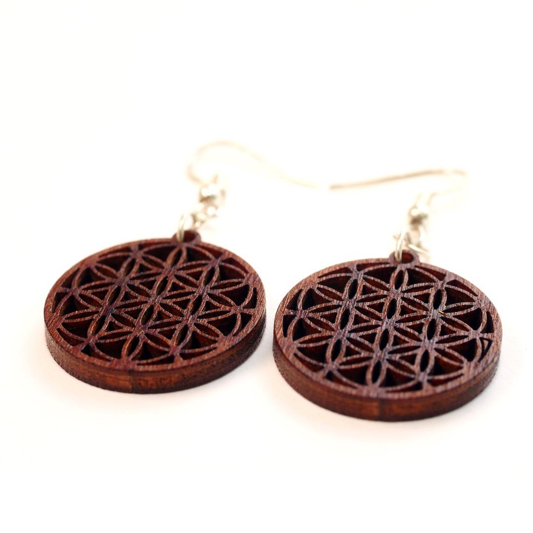 Wooden Earrings Flower of Life 7-circle in circle - 耳环/耳夹 - 木头 咖啡色