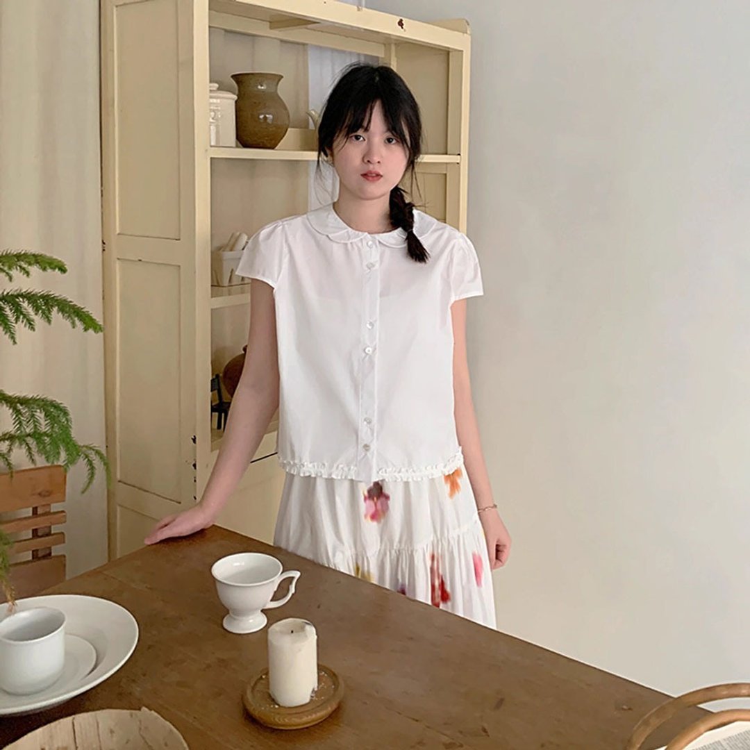 復古甜美娃娃領拼接小衫 / 單排扣重工花邊設計 / 減齡少女感上衣 - 女装上衣 - 棉 多色