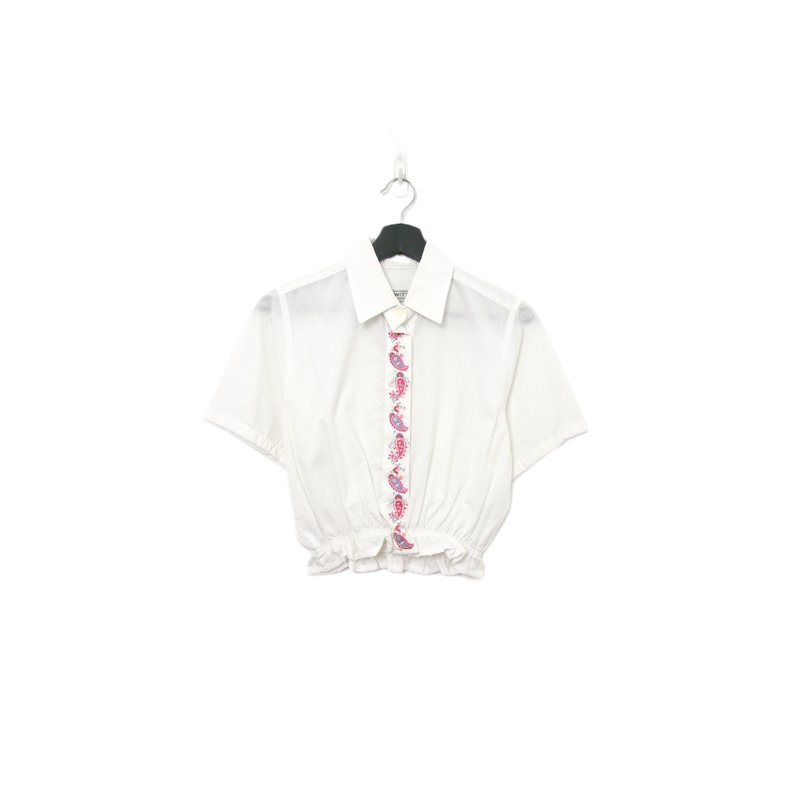 Back to Green-再制刺绣白衬衫 粉色图腾 ws-04//vintage shirt - 女装衬衫 - 棉．麻 