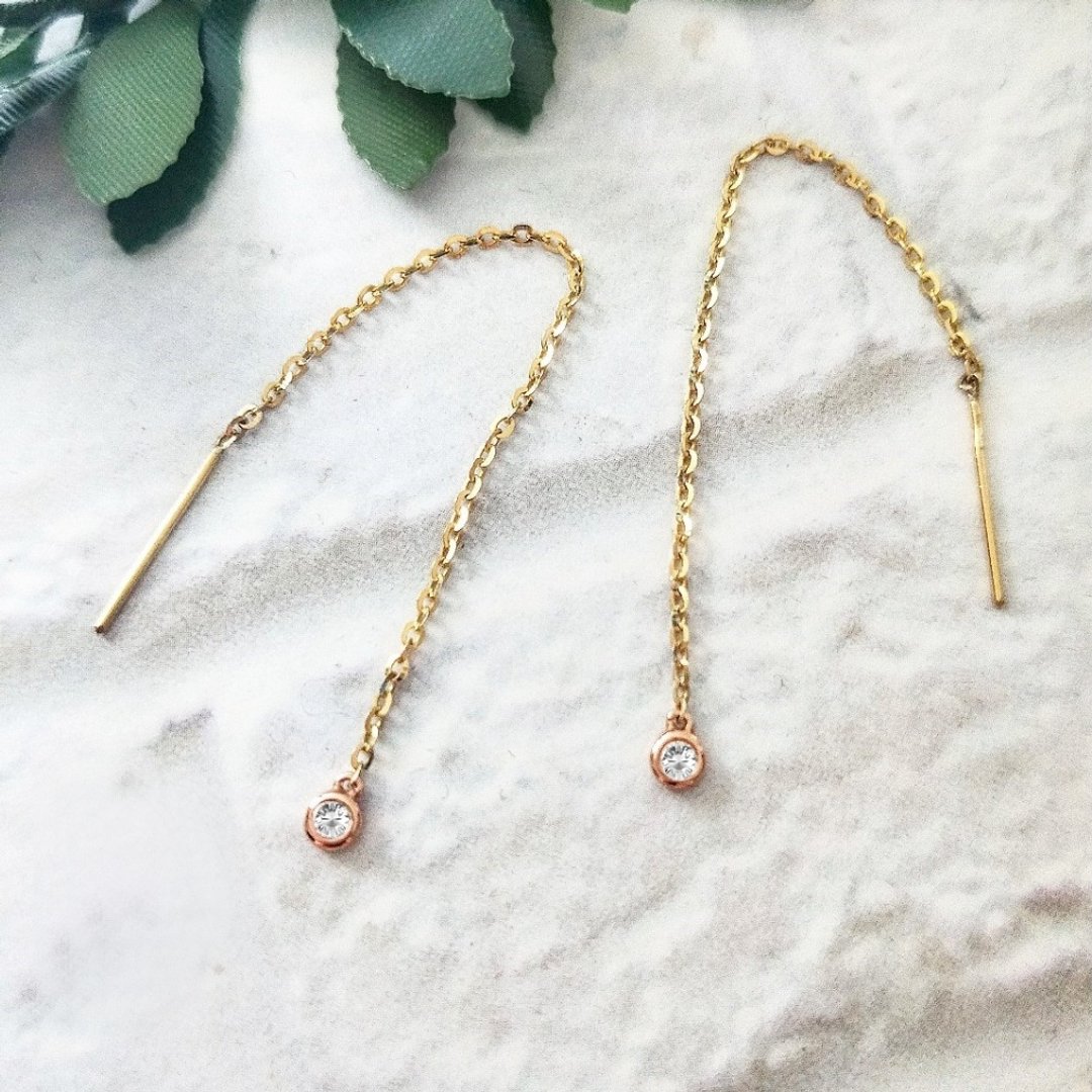 Eli Jewelry意大利14K金单钻锆石垂坠14K金耳环耳链 附金饰保证卡 - 耳环/耳夹 - 贵金属 金色