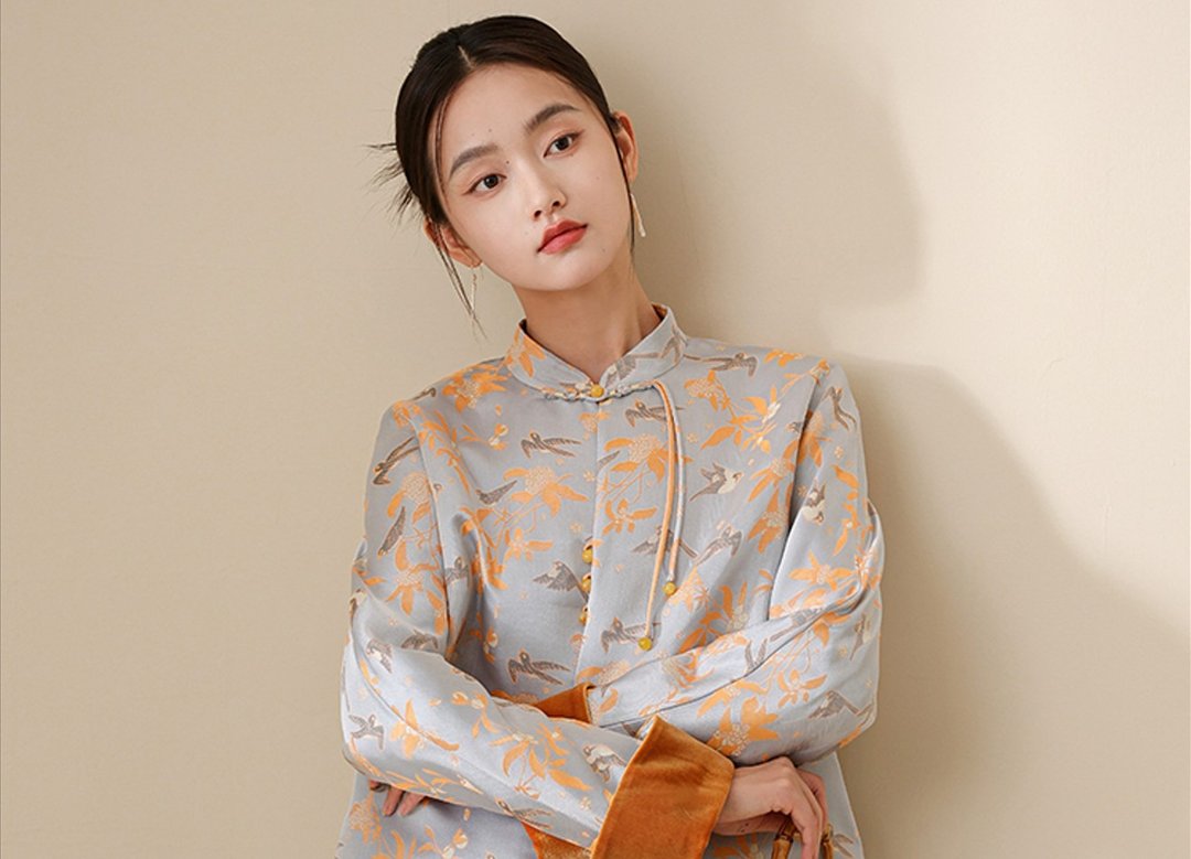 喜鹊登枝 新中式中国风 盘扣仿宋锦唐装上衣 - 女装上衣 - 其他材质 橘色