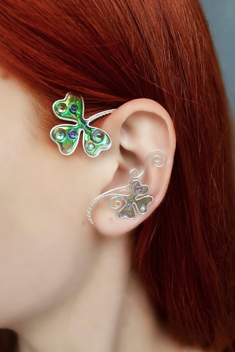 Irish shamrock ear cuff no piercing - 耳环/耳夹 - 铜/黄铜 绿色