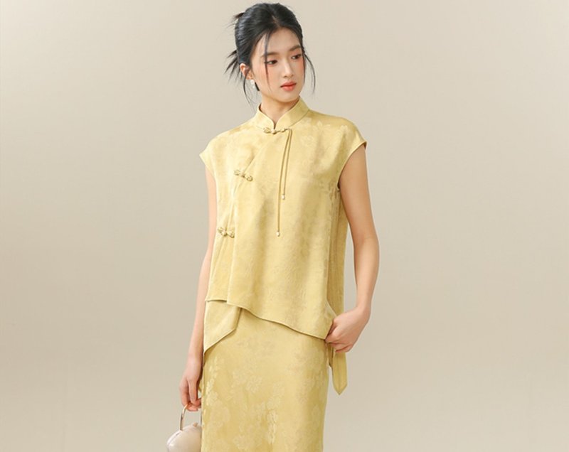 【缃叶】新中式复古中国风 禅意寬鬆/盘扣上衣/半裙 - 洋装/连衣裙 - 其他材质 黄色