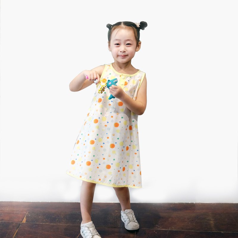 白黄无袖洋装 || 童装 / 纯棉 / 点点图案设计 / 限量手作 - 童装礼服/连衣裙 - 棉．麻 白色