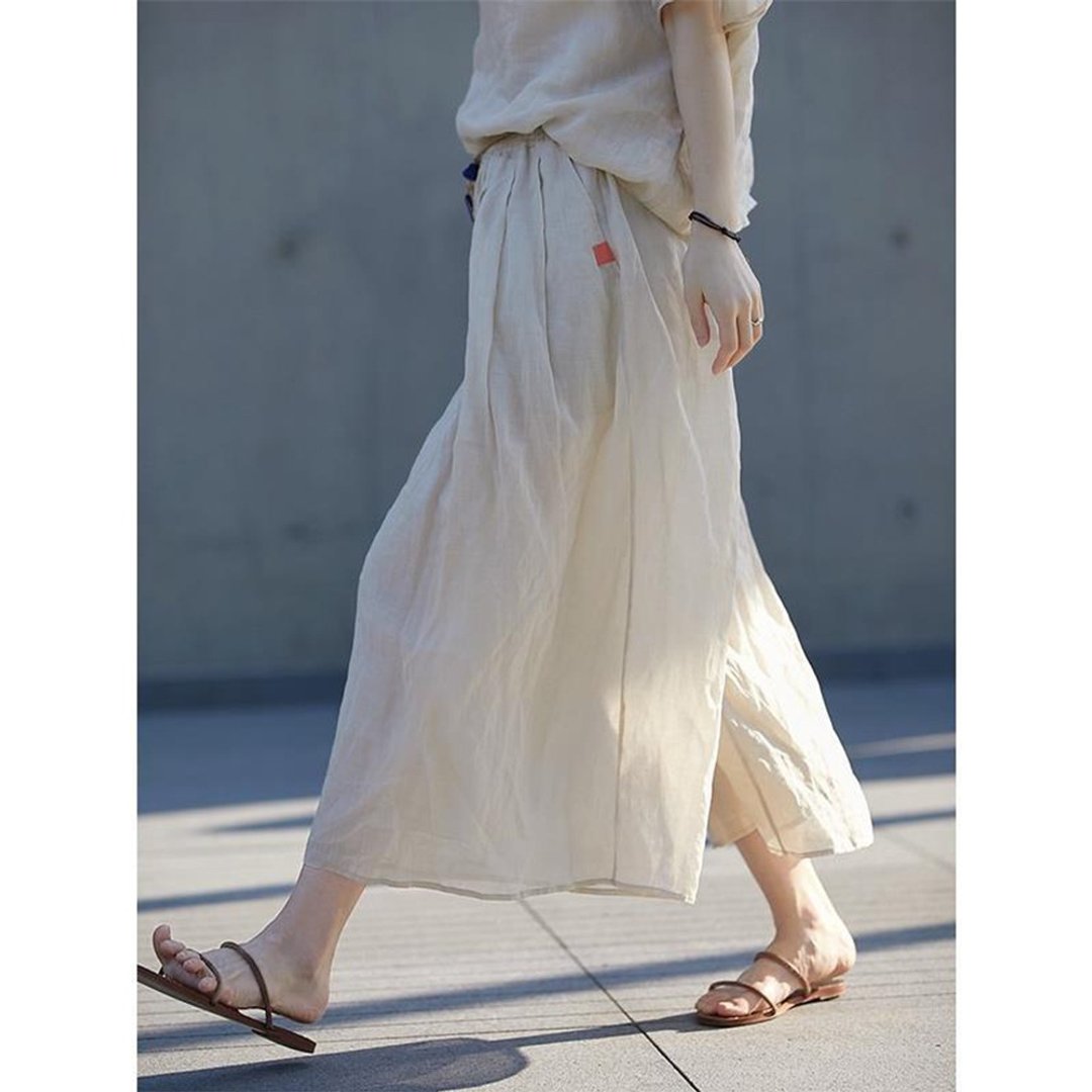 米杏色细支苎麻松紧抽绳腰八分长裙裤 - 女装长裤 - 棉．麻 