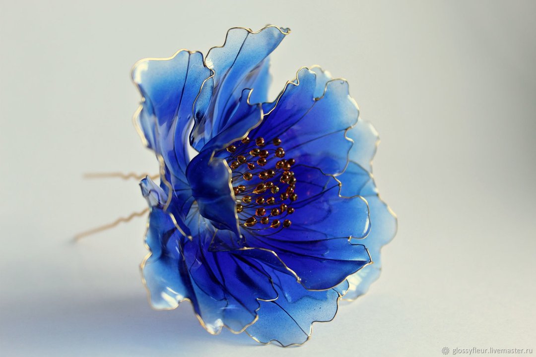 簪 牡丹 蓝色的 透明花 展示 发饰 - 发饰 - 其他材质 蓝色