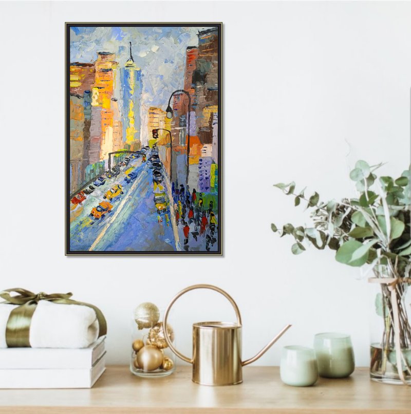 New York Painting Urban Original Art Cityscape Wall Art Oil Painting 20*30 cm - 海报/装饰画/版画 - 其他材质 蓝色