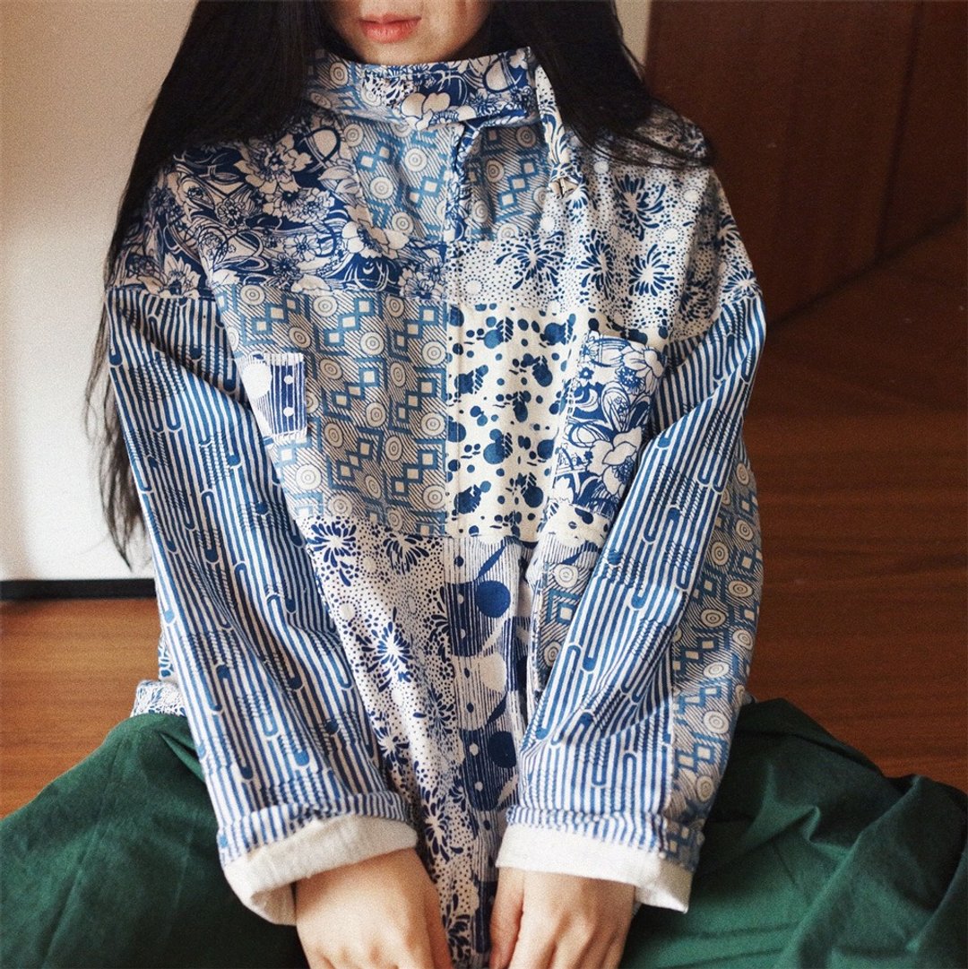 藍色 印花手工織布土布 拼布風格男女同款 春季帶帽Smock罩衫上衣 - 女装休闲/机能外套 - 棉 蓝色