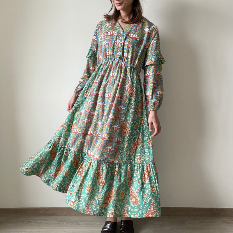 Frill Sleeve Dress / Length 128cm • • • Green/Blue - 洋装/连衣裙 - 棉．麻 绿色