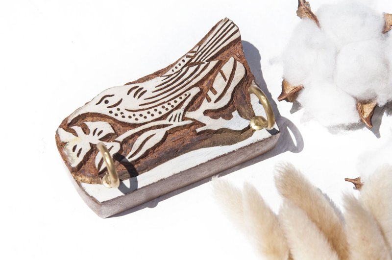 印度木质挂勾/木刻印衣架/木刻印印章衣帽架/钥匙架-禅绕画鸟与花 - 衣架/挂勾 - 木头 咖啡色