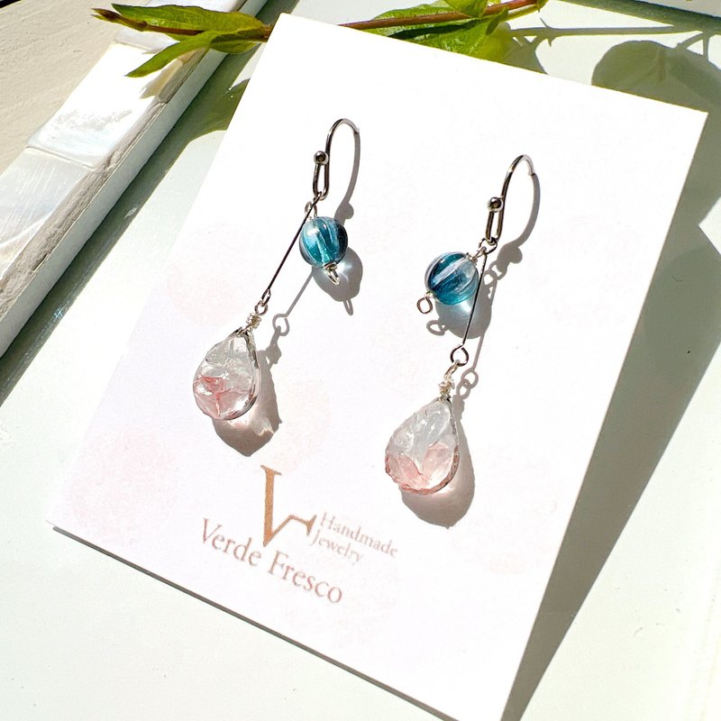 Natural stone rose quartz and aquamarine/Czech glass earrings Hypoallergenic Clip-On Stainless Steel 0052 - 耳环/耳夹 - 半宝石 粉红色