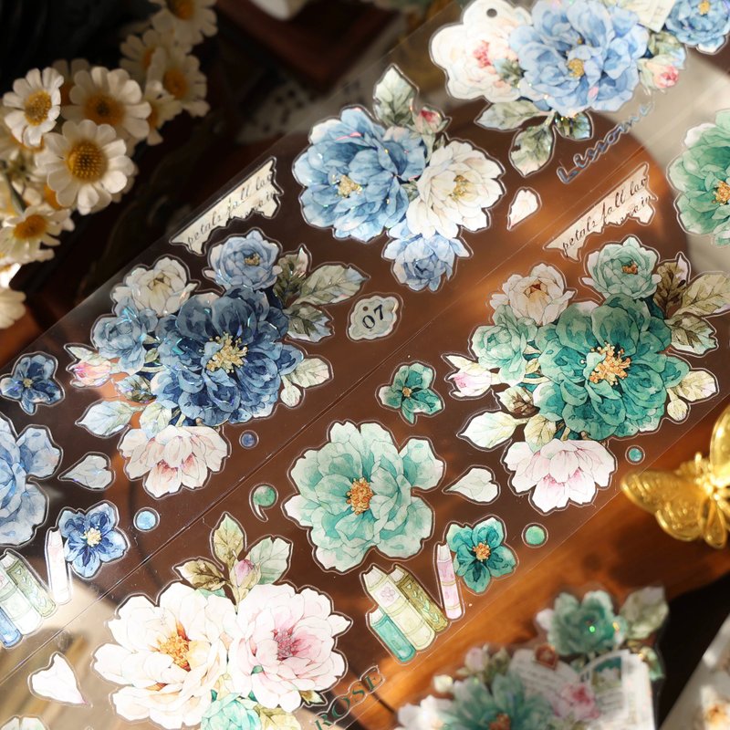 壹洱文創第16期切模【繪夢藍-綠】 和紙膠復古花卉手賬PET貼紙 - 纸胶带 - 其他材质 绿色