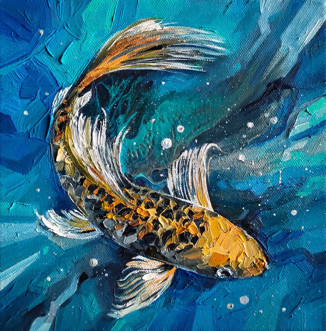 画 / 锦鲤 / 鱼 / 手绘 / 原始绘画 / 油画 / 金鱼 / 鲤鱼 / 绘画 - 海报/装饰画/版画 - 其他金属 蓝色