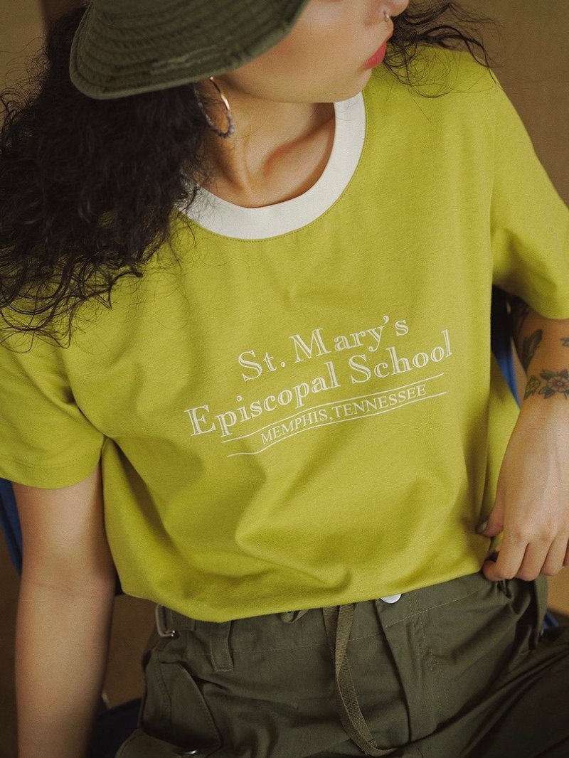 Coolstore | 日系轻复古美式撞色字母t恤 法式印花短袖_牛油果绿 - 女装 T 恤 - 其他材质 绿色