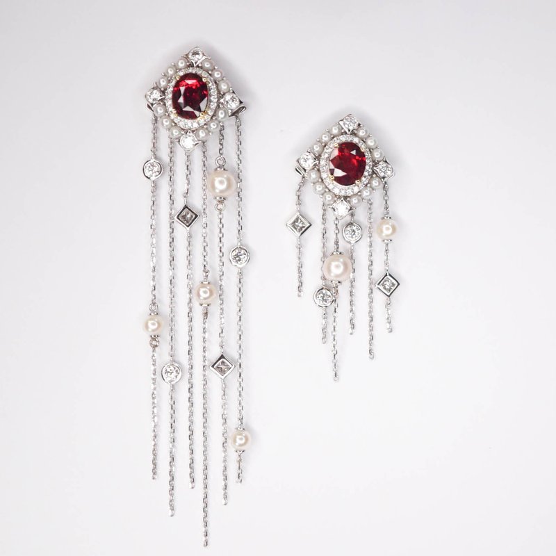 【流光溢彩】原创18K金 红宝石 多用可拆卸流苏耳环 定制 - 耳环/耳夹 - 宝石 红色