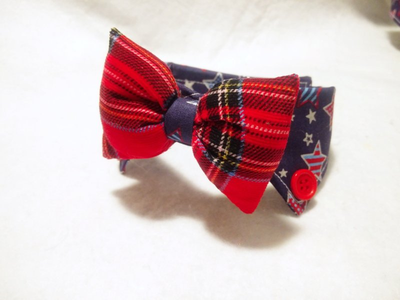 宠物 猫犬用型仔星星 格仔 恤领煲呔 - 项圈/牵绳 - 棉．麻 蓝色