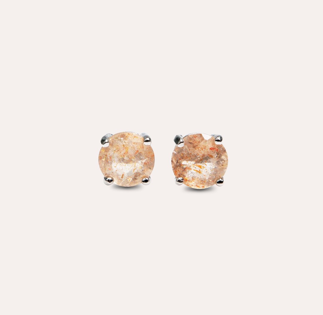 安珠 太阳石 橘色 圆形 6mm 耳环 经典系列 Round E 宝石银饰 AND - 耳环/耳夹 - 银 橘色