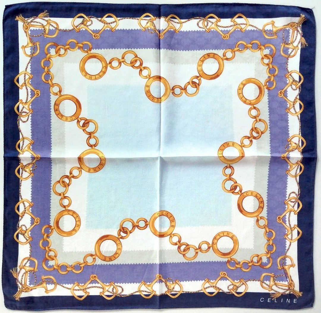 Celine Paris 古董丝巾 奢华链条图案 23 x 22.5 英寸 - 丝巾 - 棉 蓝色
