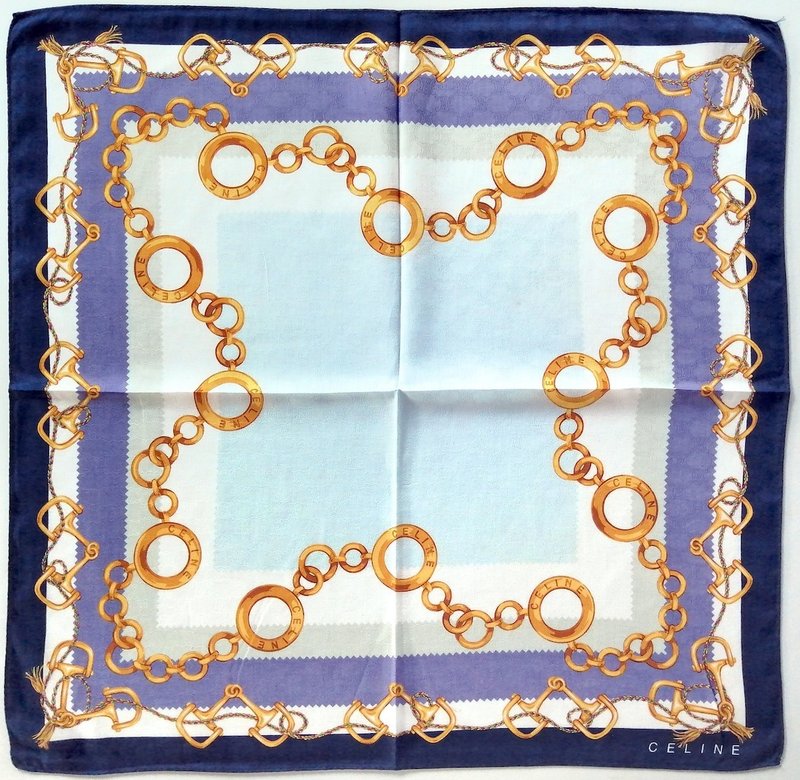 Celine Paris 复古丝巾 饰品 金链 23 x 22.5 英寸 - 丝巾 - 棉．麻 蓝色