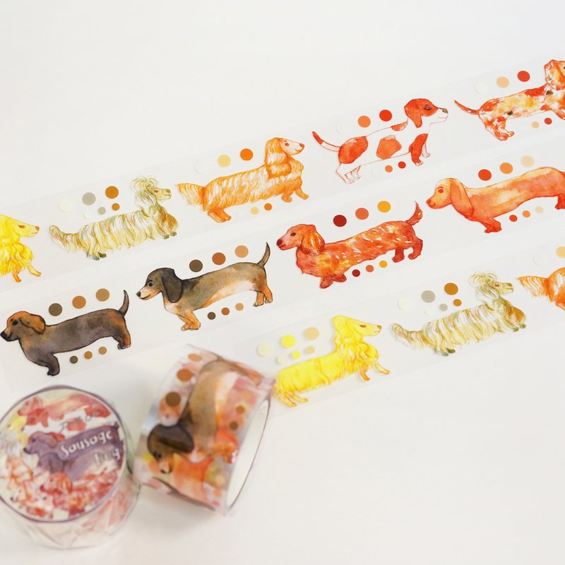 【肠仔狗】水彩插画 PET胶带 带离型纸 手帐装饰 腊肠狗 犬 狗勾 - 纸胶带 - 塑料 橘色