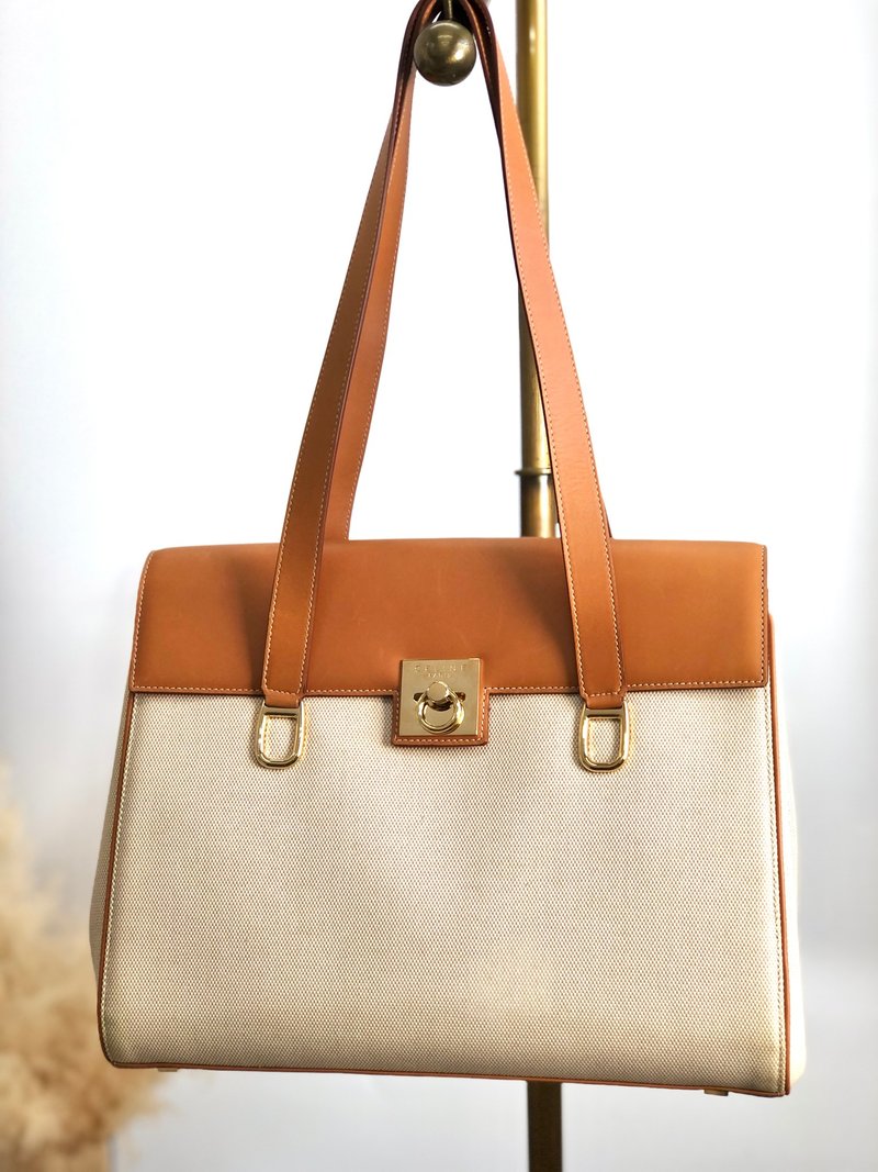 【日本直送，名牌二手包装】CELINE 手袋棕米色 Gancini 帆布皮革 Vintage Vintage hzaany - 手提包/手提袋 - 棉．麻 咖啡色