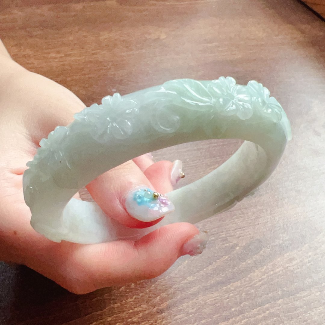冰种雕花翡翠手镯 | 18围 | 天然缅甸玉翡翠A货 | 送礼 - 手链/手环 - 玉石 透明