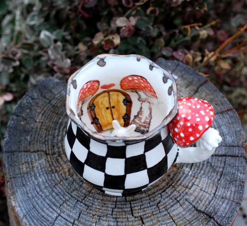 Black white Art mug Tea coffee cup Handmade porcelain mug Rabbit figurine inside - 咖啡杯/马克杯 - 陶 多色